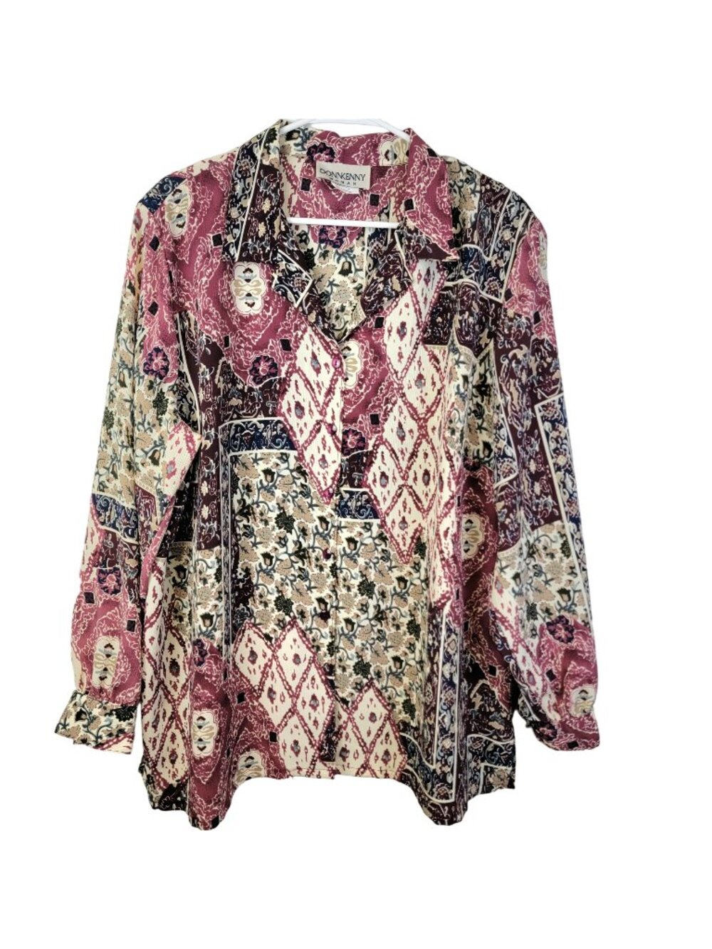 Vintage 90s Floral Blouse Shirt Women Plus Size 1X Button Collar Formal Burgundy